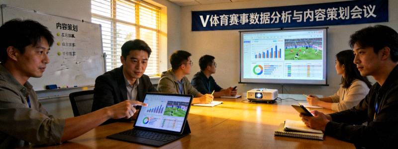 V体育多元化团队成员在会议室进行体育赛事数据分析与内容策划会议